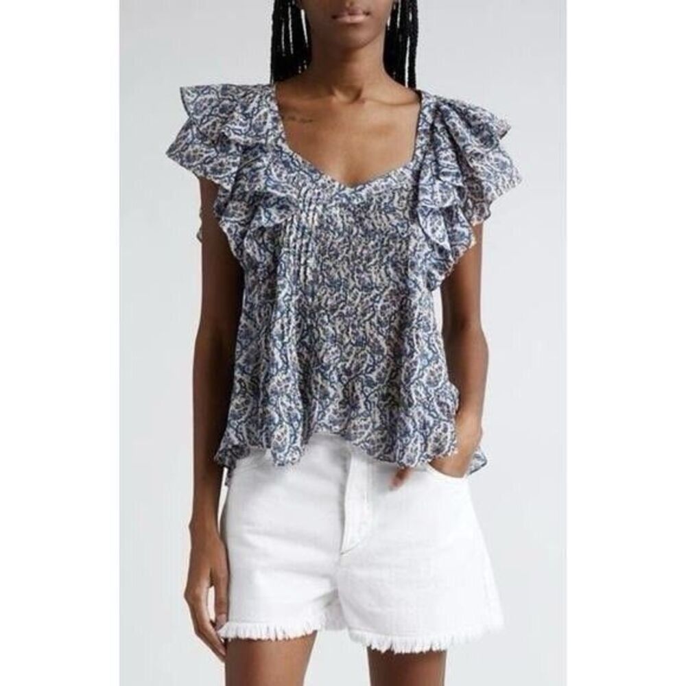 Isabel Marant Etoile Floral Ecru Madrana Top Blouse Short Sleeve Women’s 42 XL
